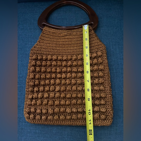 Vintage Crochet Rust Brown with Knots & Oval Lucite Handles Boho Handbag Purse - Picture 10 of 12